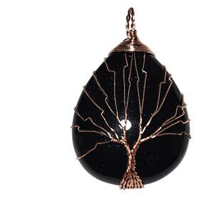 Handmade Black Teardrop Pendant Copper Wire Tree Of Life Design Elegant Jewelry